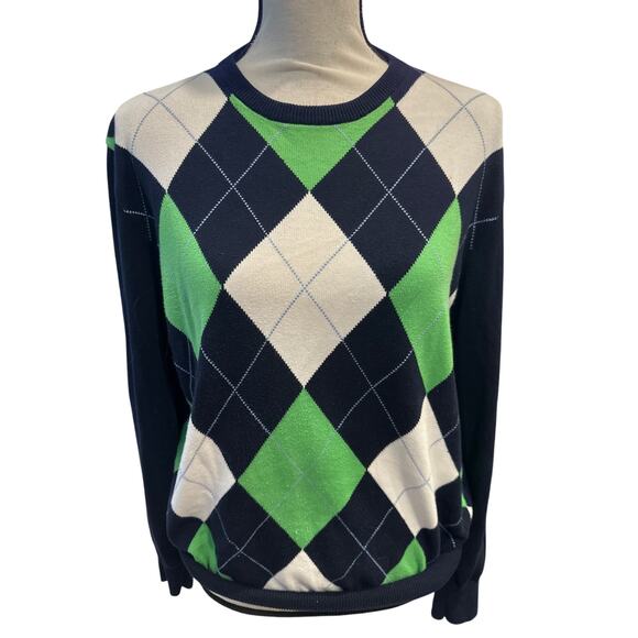 Women’s J. Crew Navy Argyle Sweater. Size Medium - Picture 1 of 3